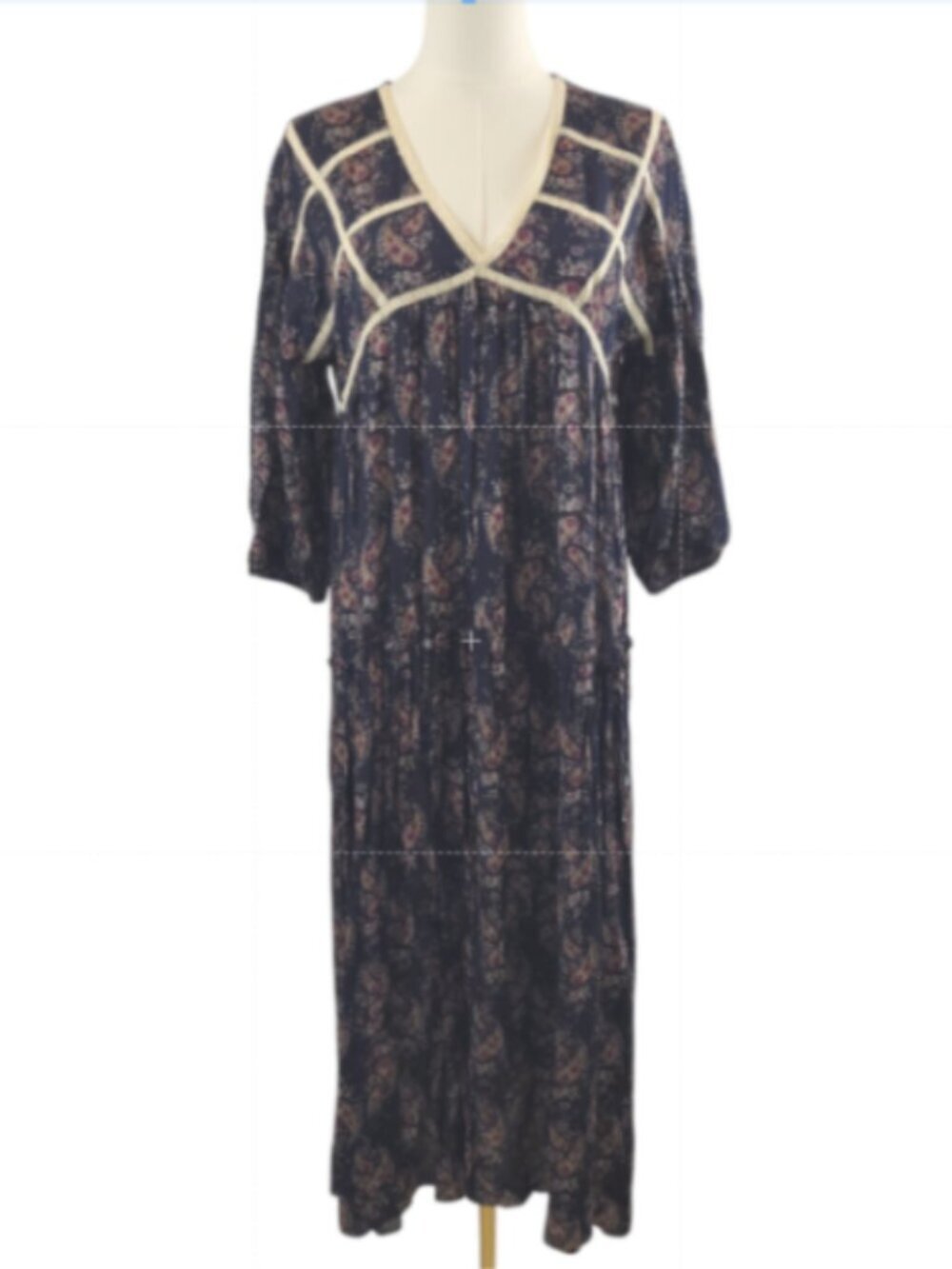 POL NEW Small Maxi Dress Cotton Blue Red Paisley Crochet Trim Vintage BOHO Style - Picture 3 of 16
